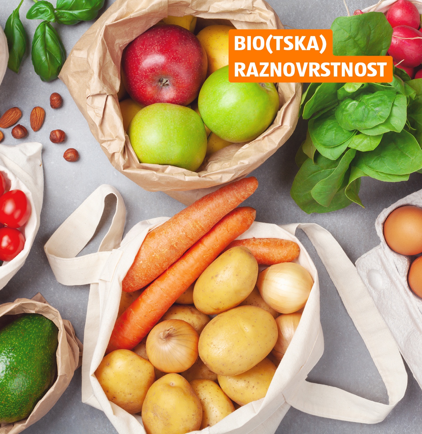 Hrana v vrečjah na sivi podlagi