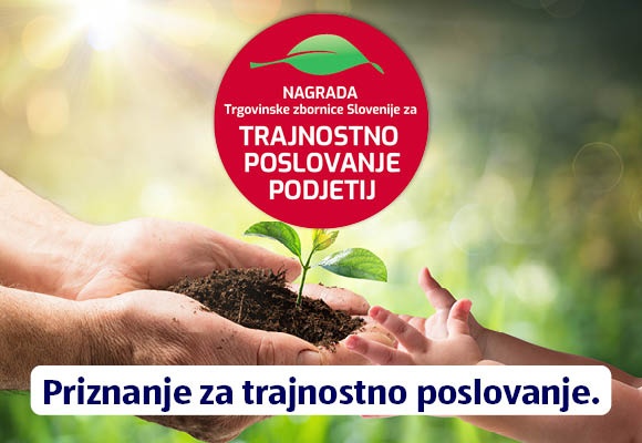 Dvoje rok držijo zemljo in poganjek, napis: Priznanje za trajnostno poslovanje.