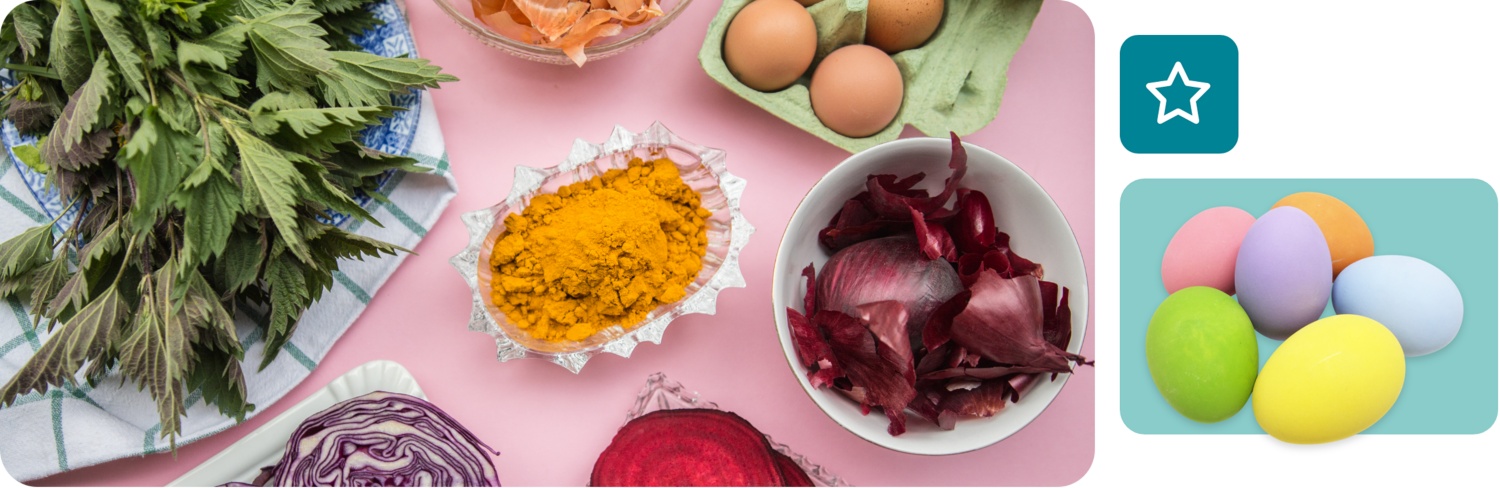 Brennessel, Rotkohl, Kurkuma, rote Bete und eine Packung Eier stehen auf dem Tisch