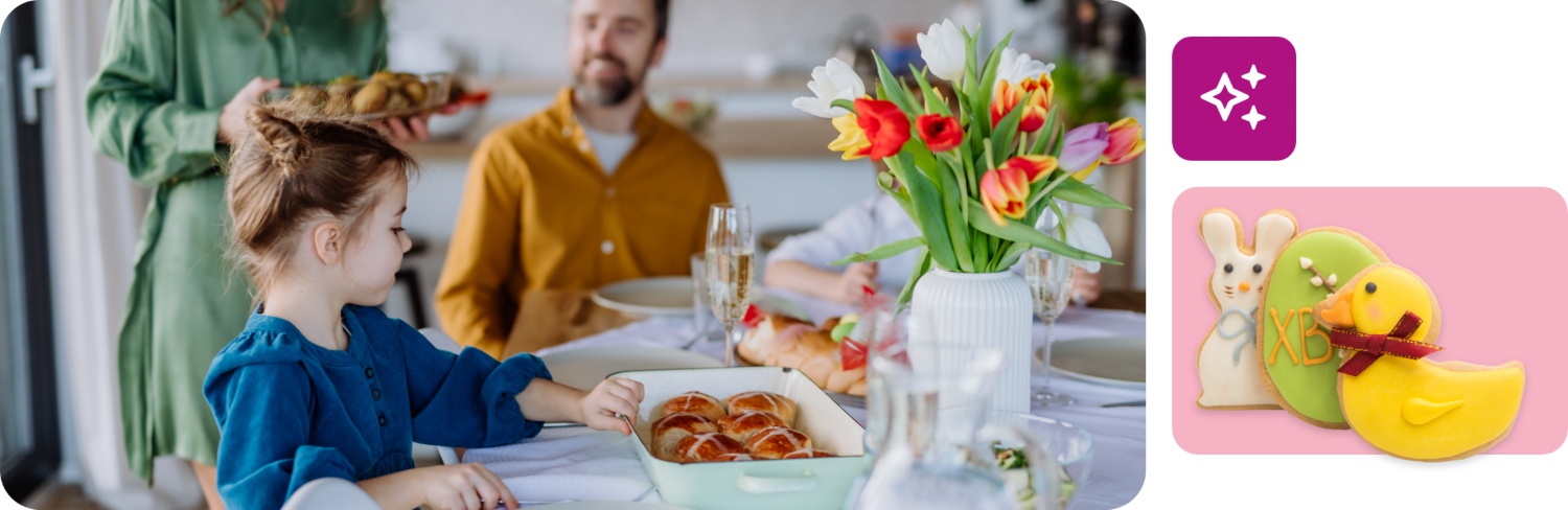 Eine Familie sitzt bei einem Osterbrunch beisammen. Auf dem Tisch stehen Tulpen und Ostergebäck wie süße Brötchen und ein Hefezopf .