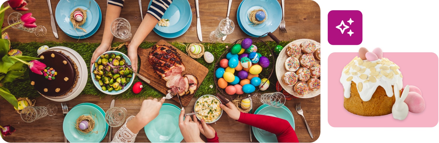 Ein Ostermenü auf einem großen Tisch mit Vorspeise, Hauptgang und Dessert