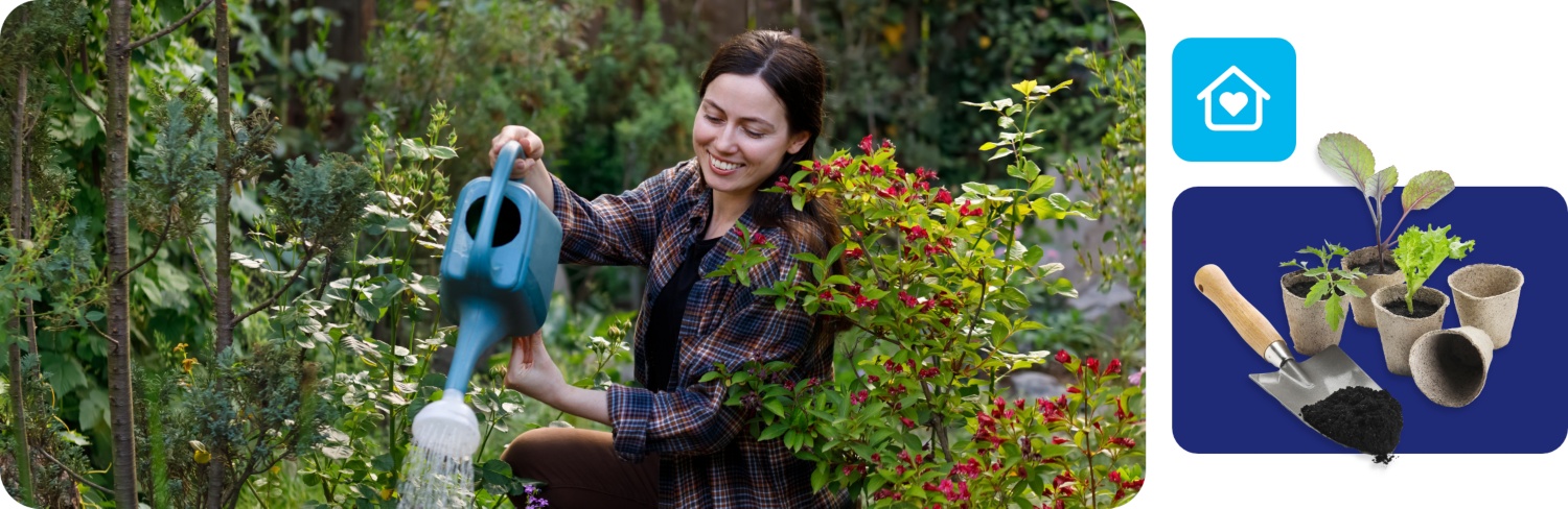 Frau gießt mit blauer Gießkanne bunte Blumen in grünem Garten, umgeben von Sträuchern und Blüten.