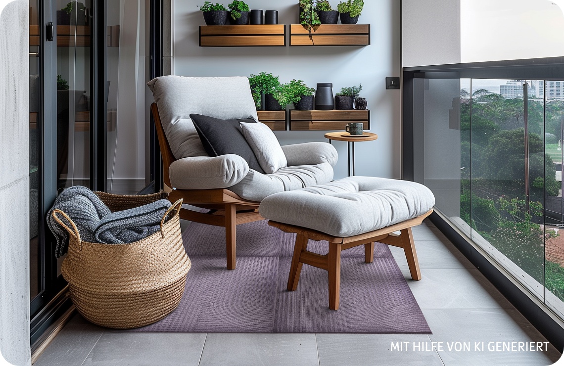 Grauer Sessel mit Holz, beige ALDI Fußmatten zu einem Teppich zusammengesetzt, Holzregale an der Wand auf einem großen modernen Balkon.