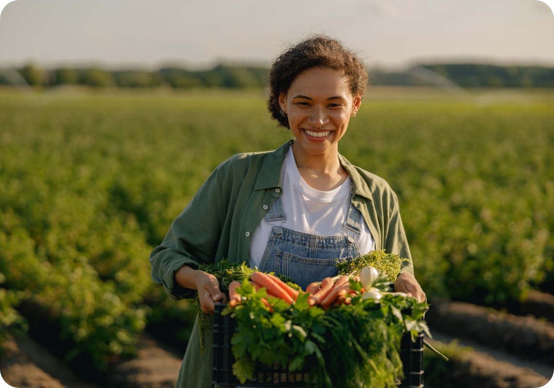 Ein Frau trägt ein Kiste mit frisch geernteten Möhren vom Feld.