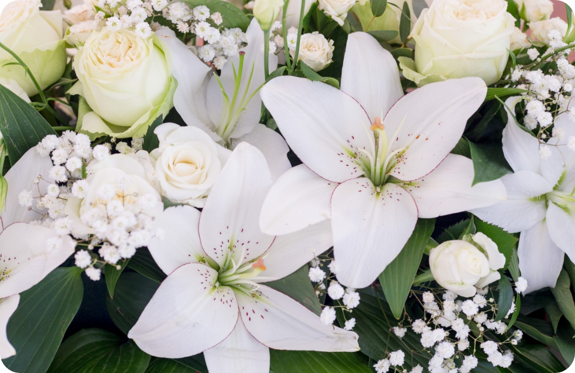 Elegante Blumenkomposition mit weißen Lilien, Rosen und zartem Schleierkraut auf grünen Blättern..
