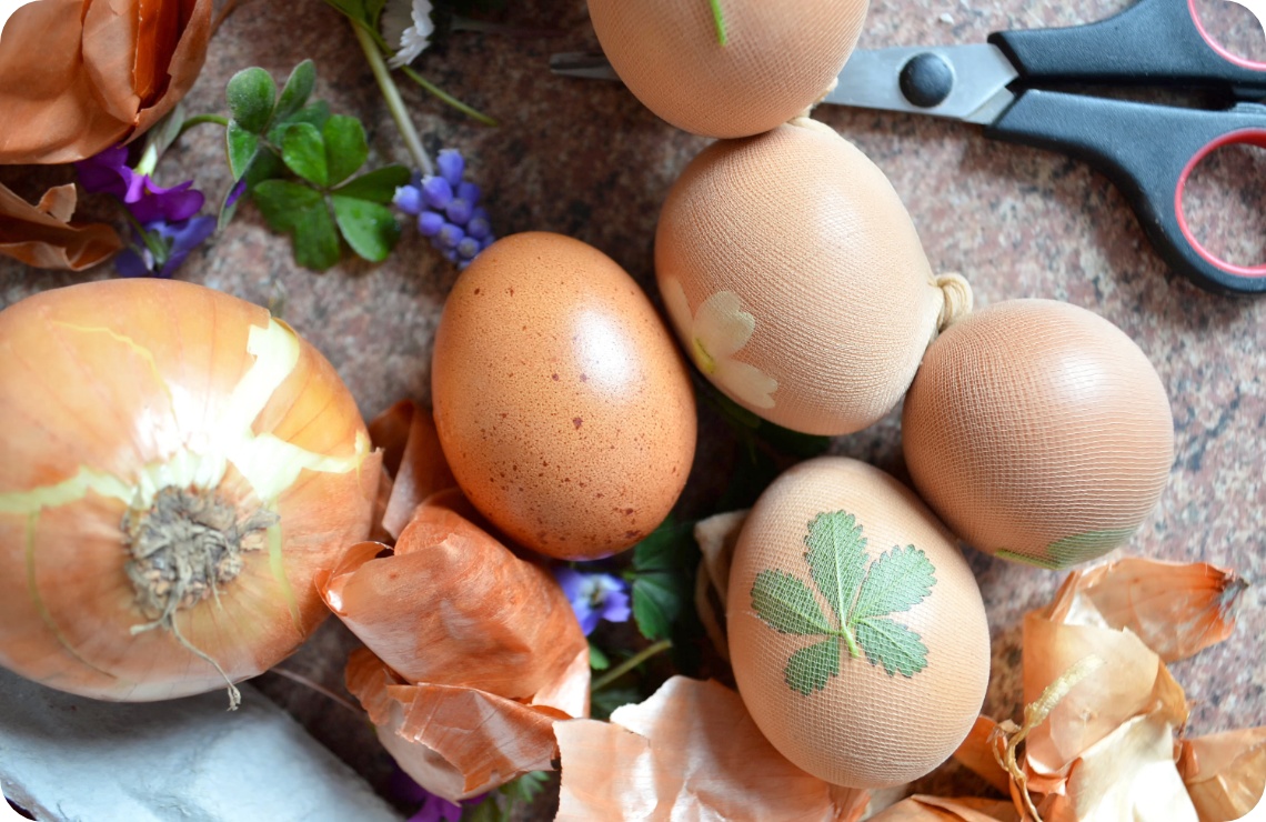 Ostereier mit Blattmustern mit Nylon überzogen für das natürliche Färben mit Zwiebelschalen.
