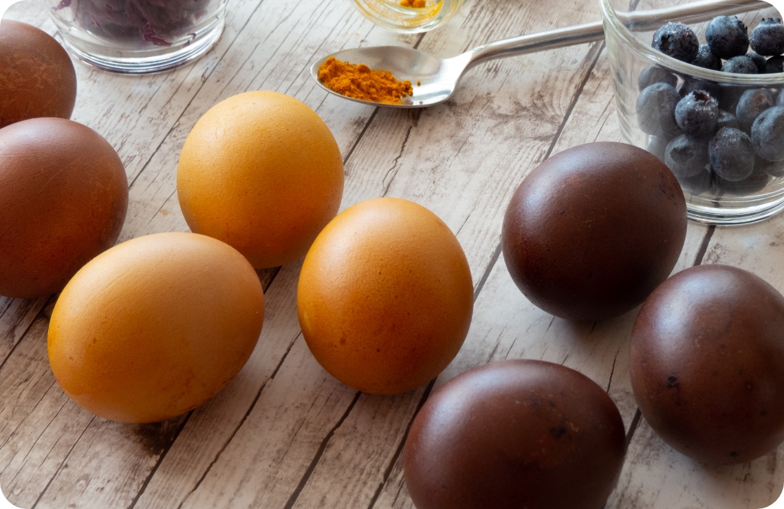Natürlich gefärbte Ostereier in Gelb und Dunkelbraun mit Kurkuma, Rotkohl und Blaubeeren auf rustikalem Holztisch arrangiert.