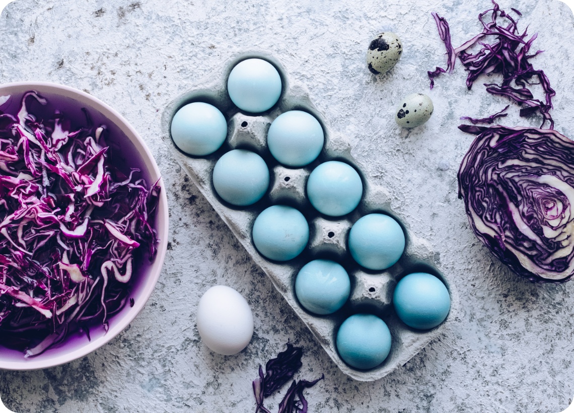 Hellblaue Ostereier, natürlich gefärbt mit Rotkohl, in einem Eierkarton, daneben liegen von Rotkohlstreifen und Wachteleier.