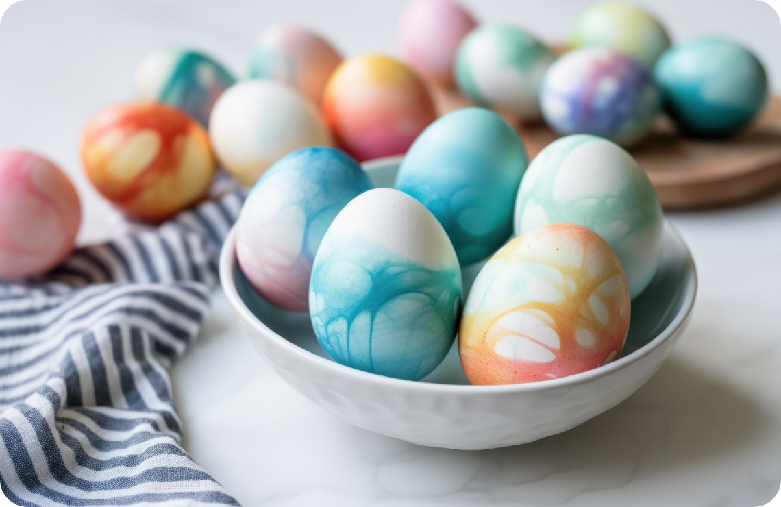 Marmorierte Ostereier in Blau, Grün und Orange in einer weißen Schüssel, weitere Eier im Hintergrund auf einem Holzbrett.