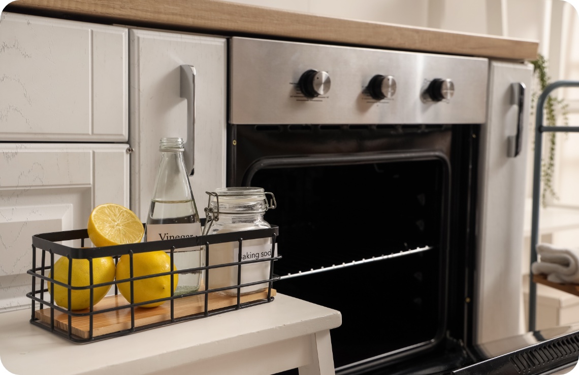 Blick auf einen geöffneten Backofen. Daneben stehen Behältnsse mit Essig, Soda und frische Zitronen .