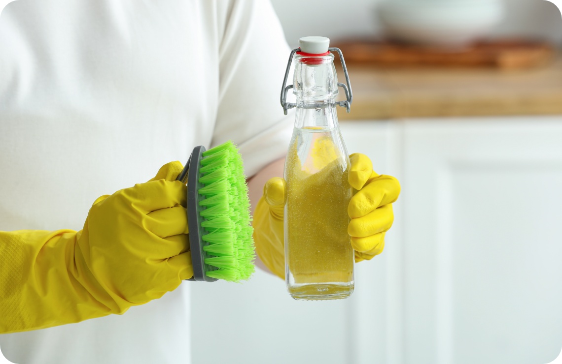 Person mit gelben Gummihandschuhen hält eine grüne Reinigungsbürste und eine Flasche mit selbstgemachtem natürlichem Reiniger.