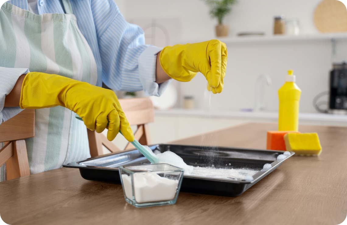 Person mit gelben Gummihandschuhen reinigt ein Backblech mit Natron und Wasser in einer modernen Küche.