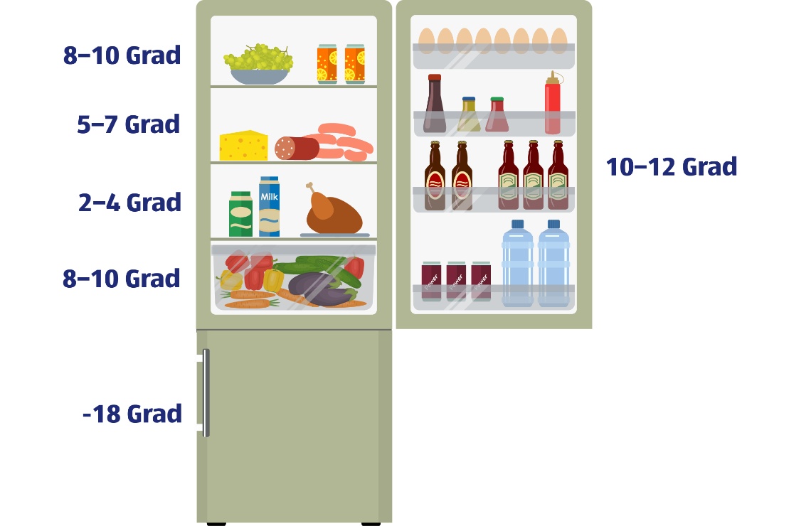 Illustration eines offenen Kühlschranks mit idealen Temperaturzonen für Lebensmittel, darunter Obst, Gemüse, Milchprodukte, Fleisch und Getränke.