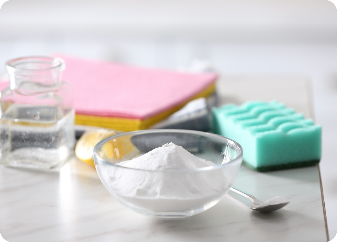 Natron in Glasschüssel, Essigflasche, Zitronenscheibe, Schwämme und Reinigungstücher.