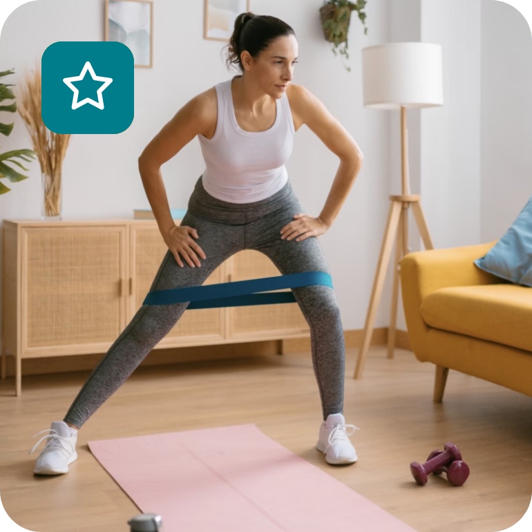 Frau macht Übungen mit einem Fitnessband zu Hause in modernem Wohnzimmer.