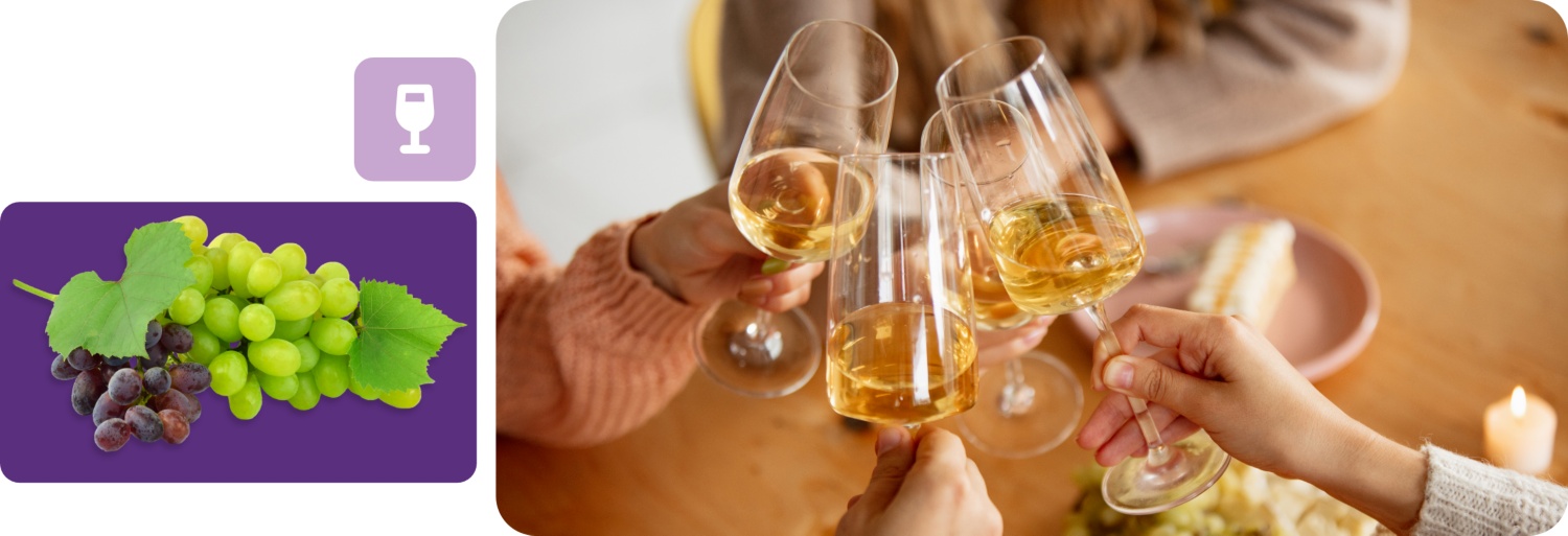 Vier Personen stoßen mit Weißweingläsern an festlich gedecktem Tisch mit Trauben und Käse an.