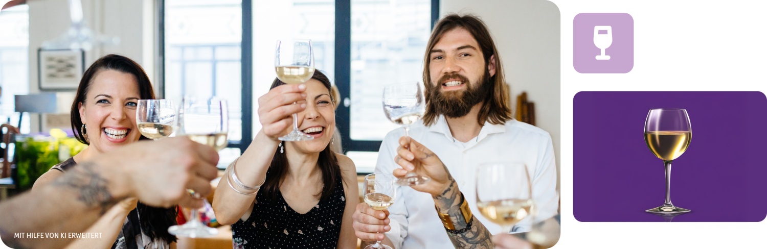 Gruppe von Freunden stößt mit Weißweingläsern in einem hellen Raum an, alle lächeln und sind fröhlich.