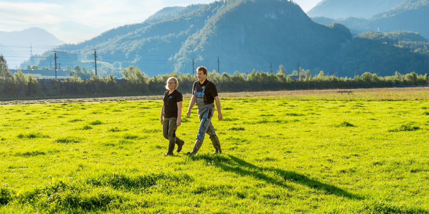 Herr Bernhofer beim Melken einer Kuh im Stall.