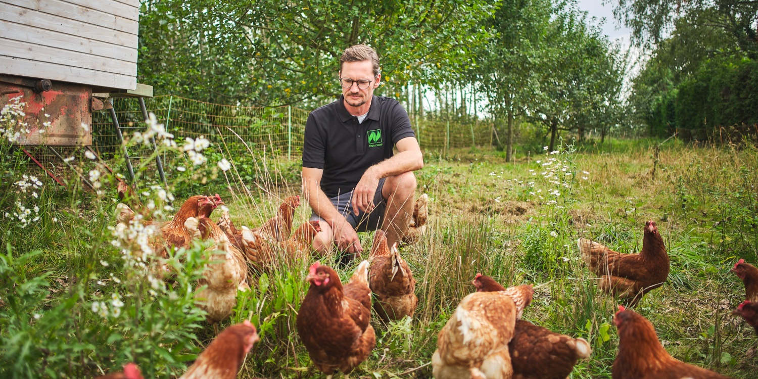 Stefan Berthold zusammen mit seinen Hühnern.