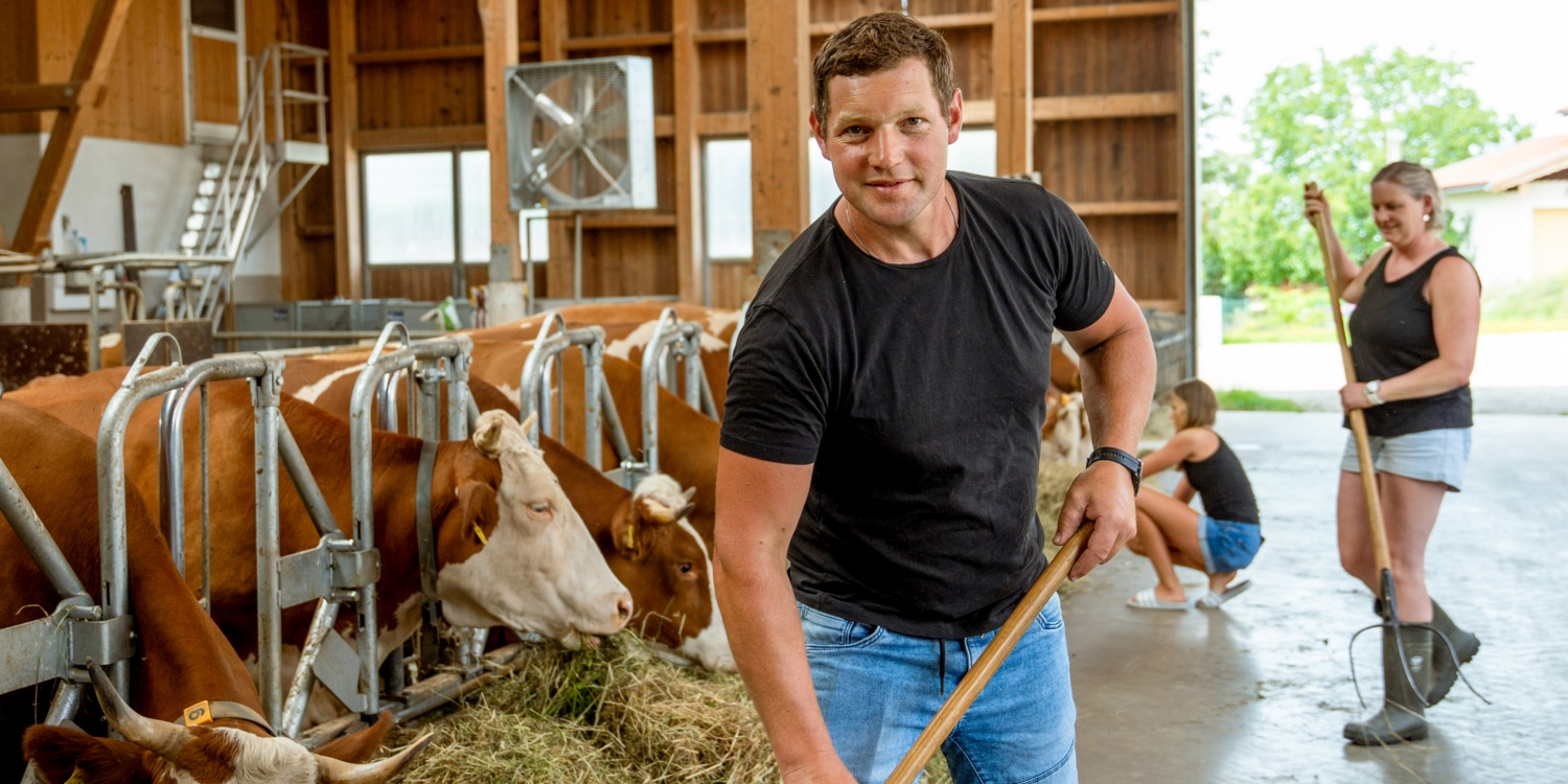 Frau Gimpl mit Sohn vor einer Kuh im Stall.