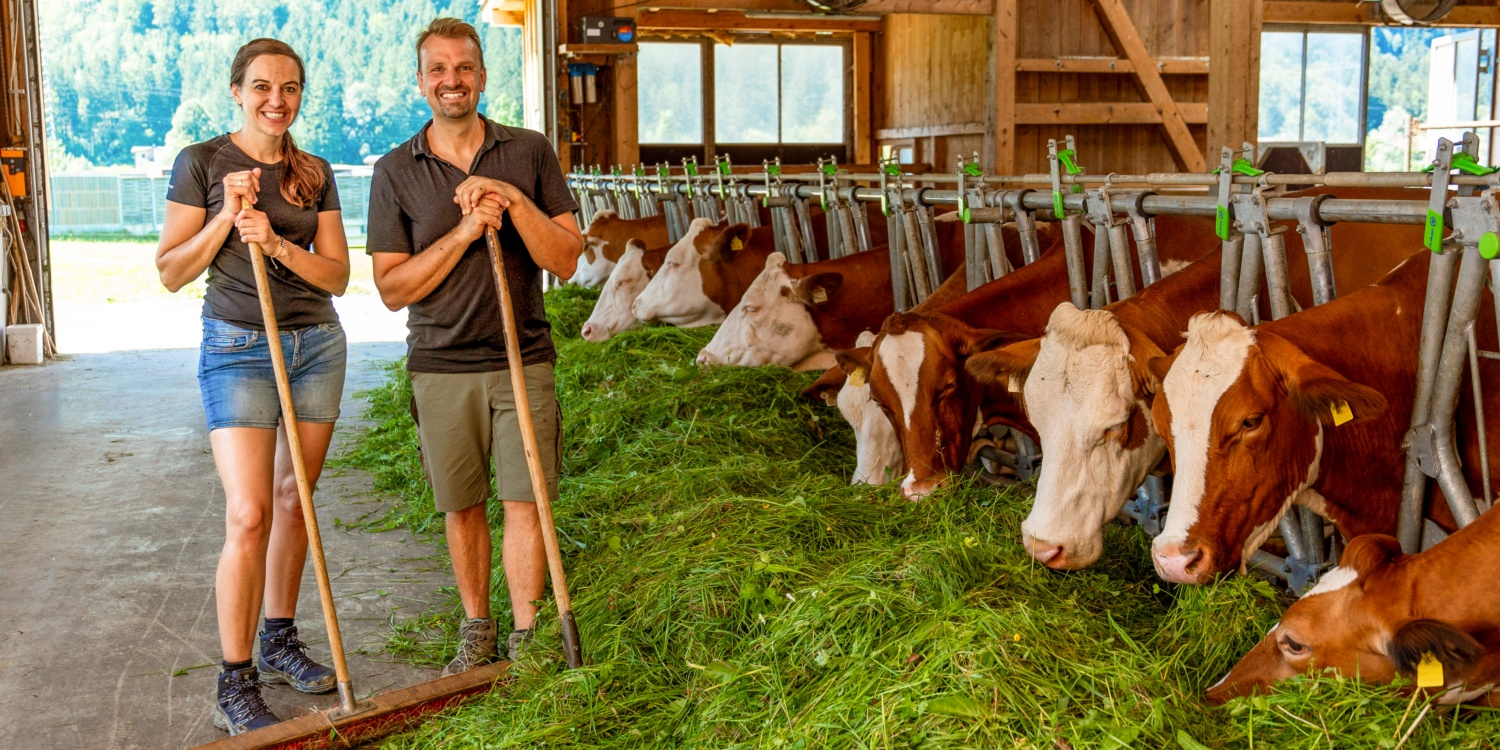 Herr und Frau Kronreif misten gemeinsam den Kuhstall
