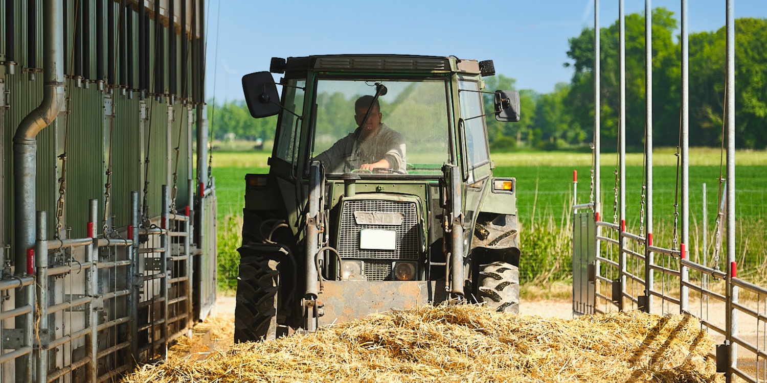 Traktor bringt frisches Heu in den Stall.