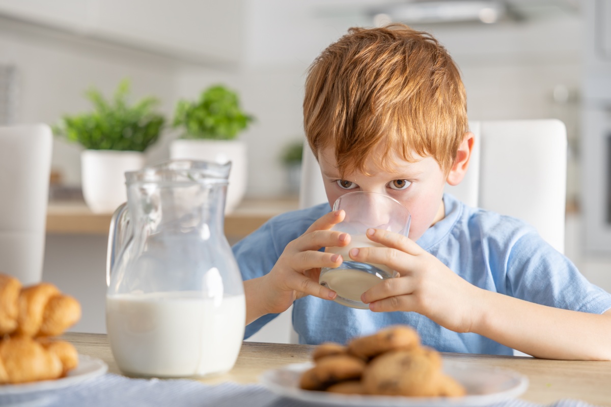 Junge trinkt Milch aus einem Glas, im Vordergrund stehen ein Krug Milch, Croissants und Kekse.