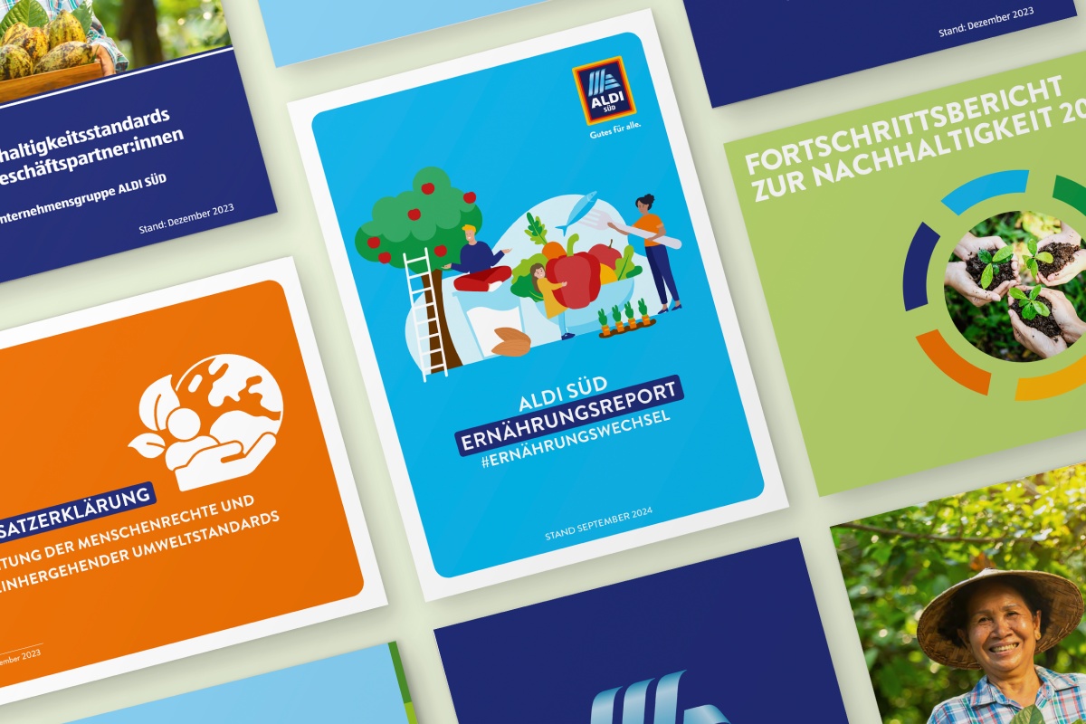 Collage aus Publikationen von ALDI SÜD zu Nachhaltigkeit und Ernährung, inklusive Ernährungsreport.