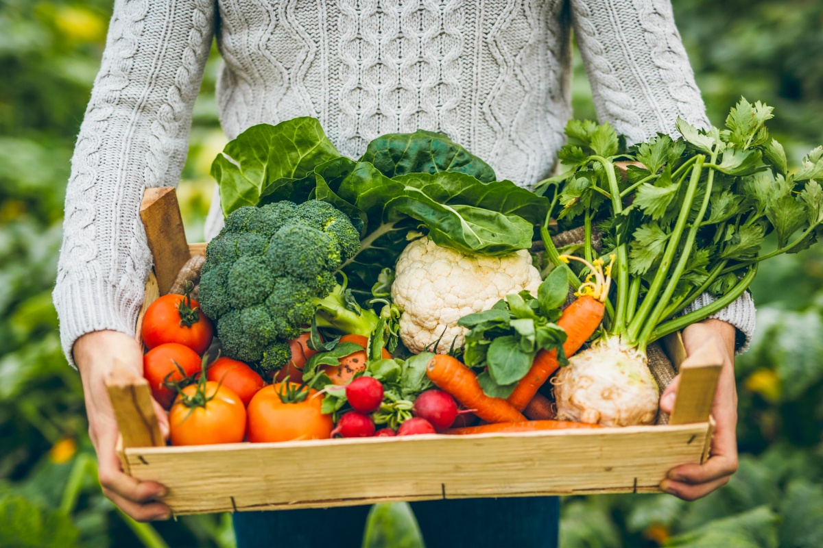 Eine Frau hält eine Kiste mit verschiedenem Gemüse.
