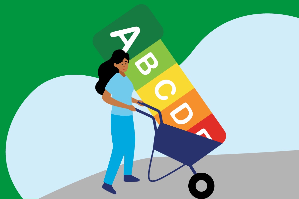 Grafik einer Frau, die die Nutri Score Scala in einer Schubkarre schiebt.