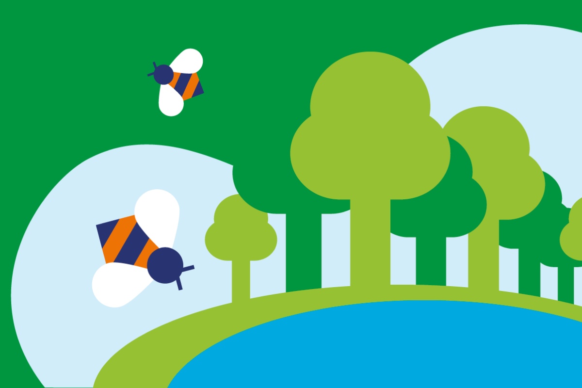 Eine Grafik von Bienen im Wald.