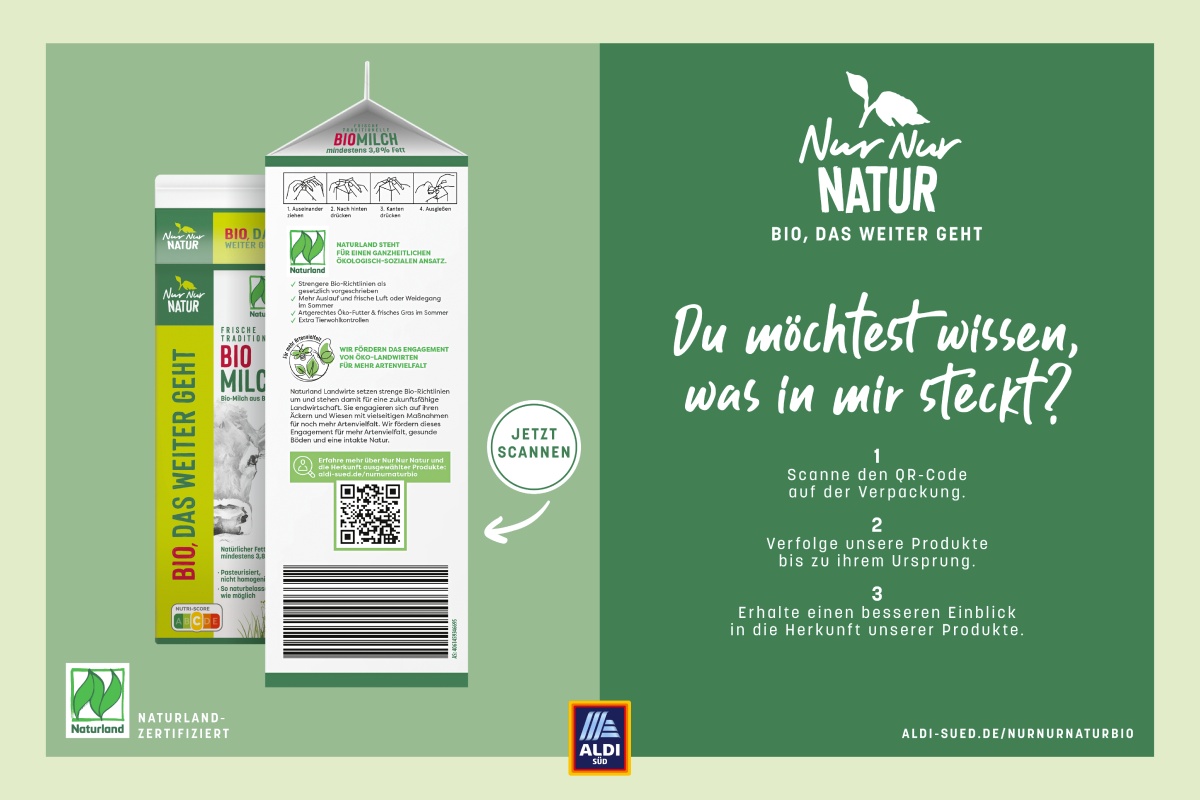 Bio-Milch-Verpackung von Nur Nur Natur mit Naturland-Zertifizierung. QR-Code ermöglicht Rückverfolgung der Produkt-Herkunft.
