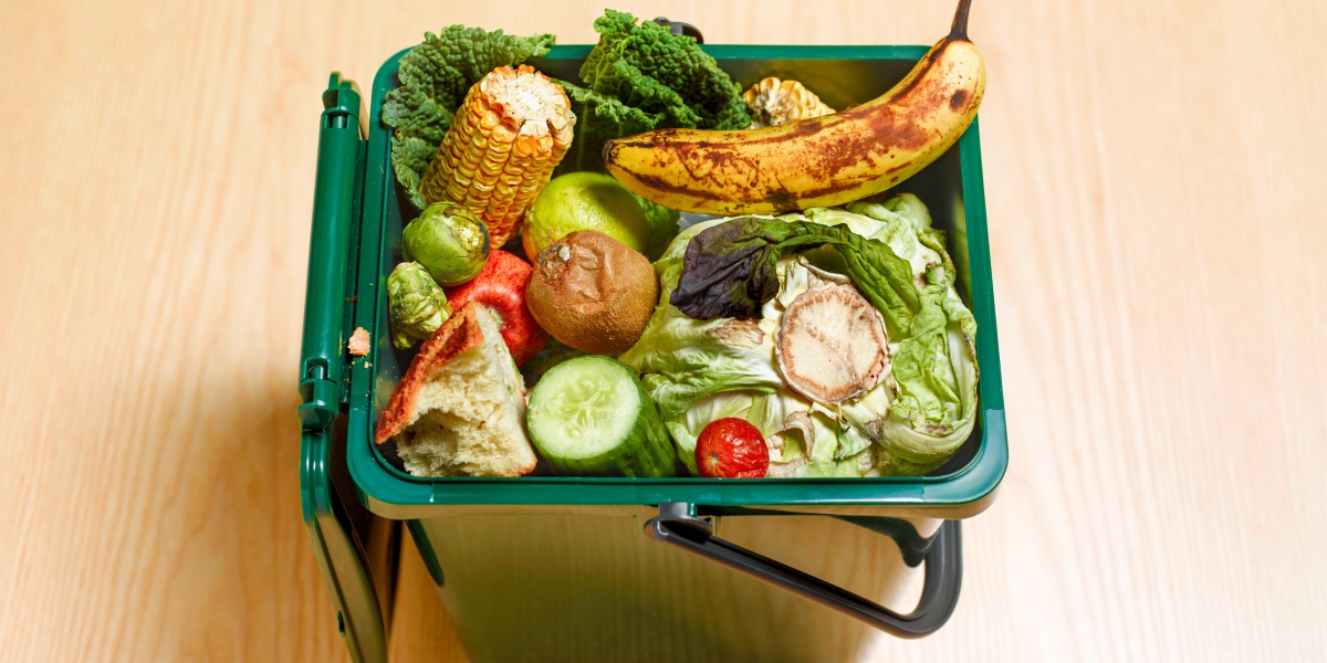 Bio-Abfalleimer mit älterem Obst und Gemüse