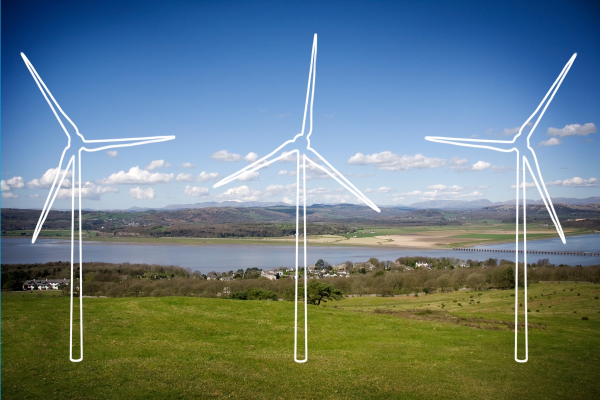 Gezeichnete Silhouetten dreier Windräder auf Landschaftsfoto