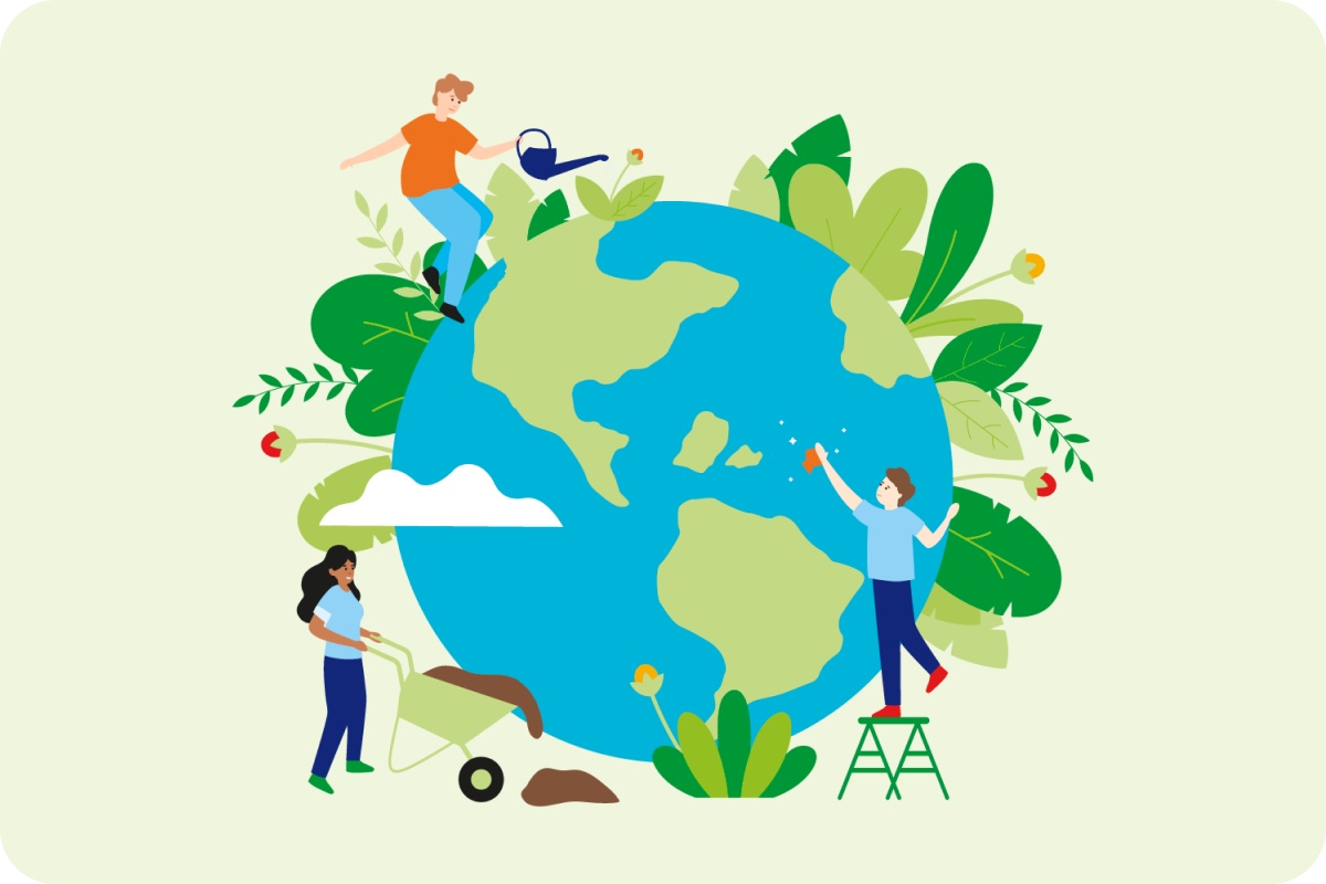 Grafik einer Weltkugel die von Menschen aller Länder gepflegt wird.