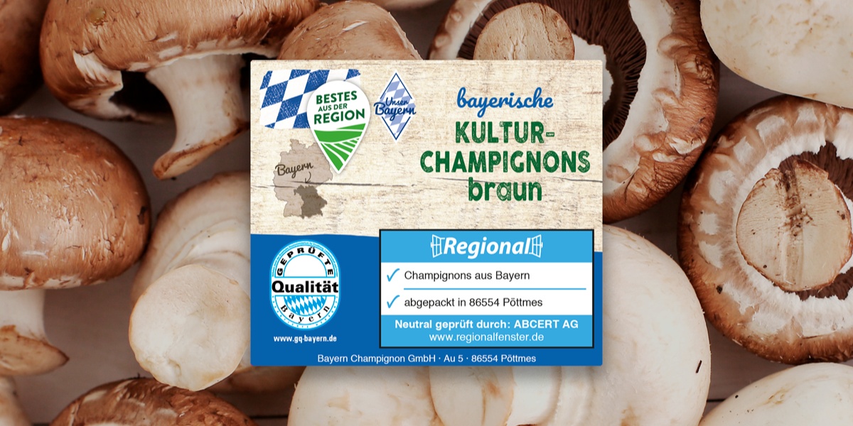 Braune Kultur-Champignons mit Regional-Siegel.