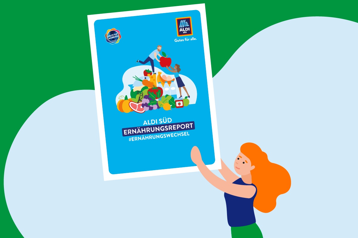 Grafik einer Frau, die den ALDI SÜD Ernährungsreport in den Händen hält.
