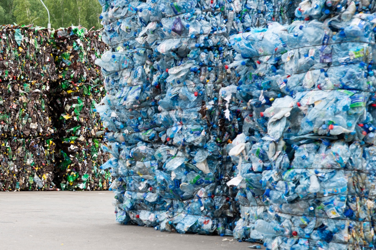 Blöcke mit plattgedrückten PET-Flaschen vor der Weiterverarbeitung