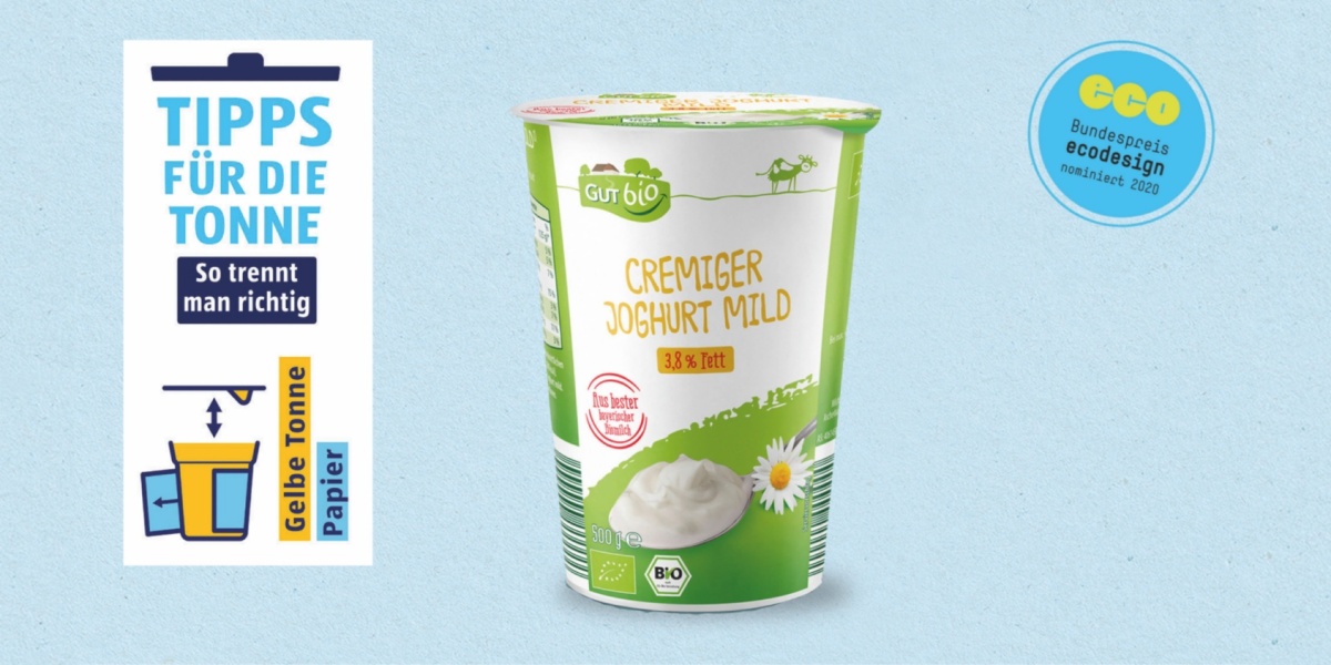 Eine Grafik mit Trennanleitung Tipps für die Tonne und Produktbild GutBio Cremiger Joghurt.