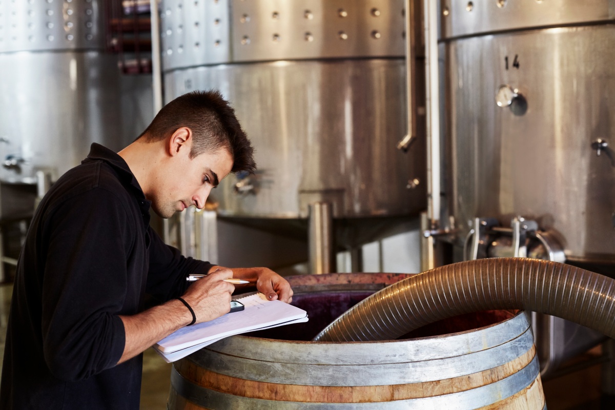 Winzer notiert Messwerte in Notizblock neben Weinfass im Weinkeller, Edelstahltanks im Hintergrund.