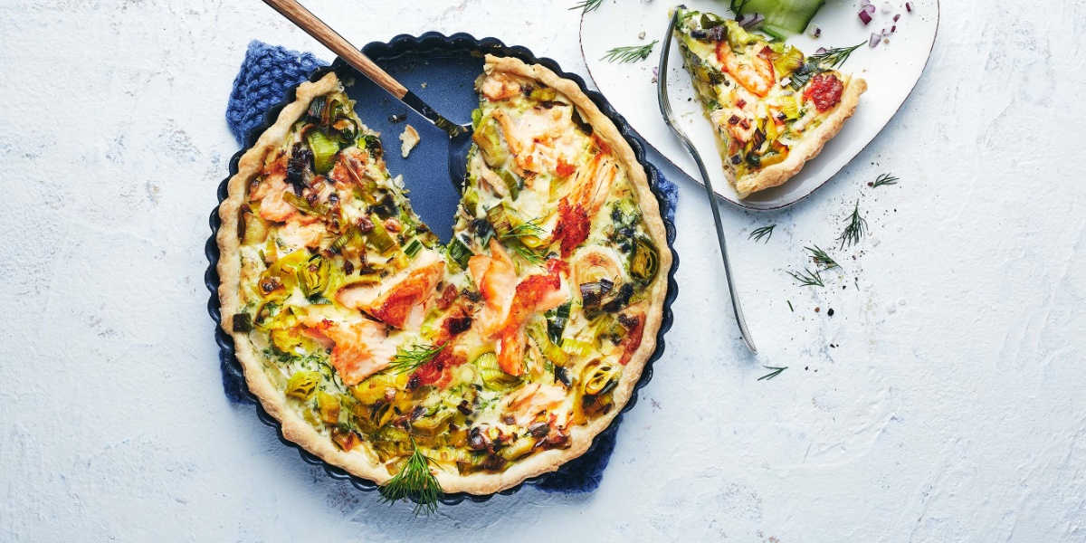 Quiche mit Lachs und Porree.