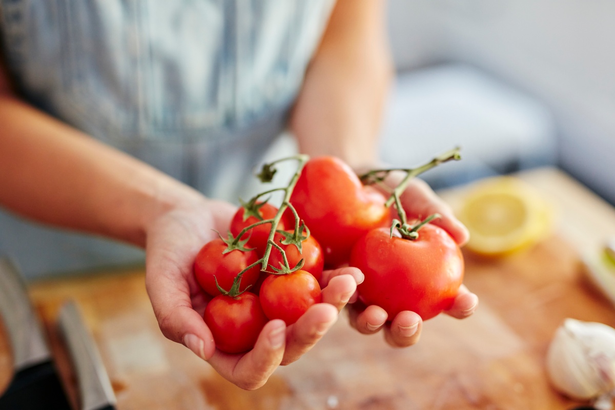 Zwei Hände einer Frau, die kleine und große Tomaten halten, unscharf im Hintergrund eine Küchenarbeitsfläche mit Messern, einer Zitrone und Knoblauch.
