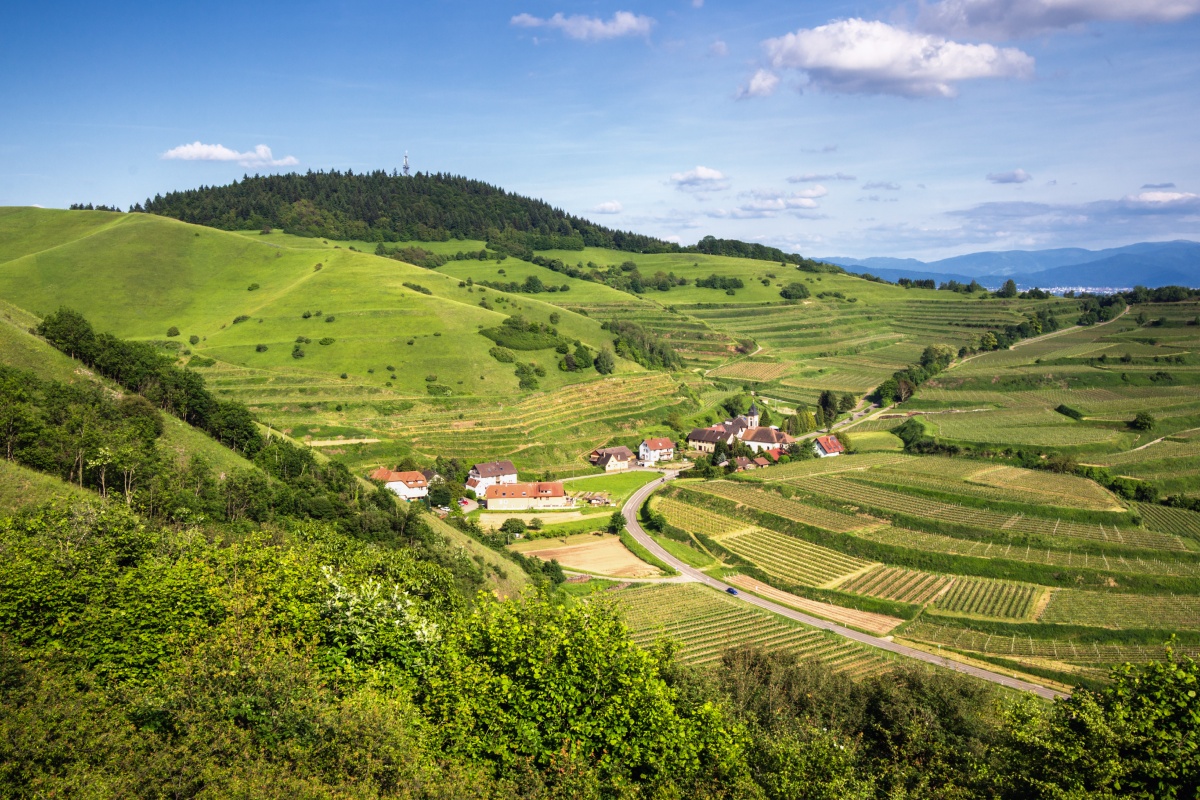 Idyllische Berglandschaft mit Weinreben und einem kleinen Dorf im Herzen Badens.