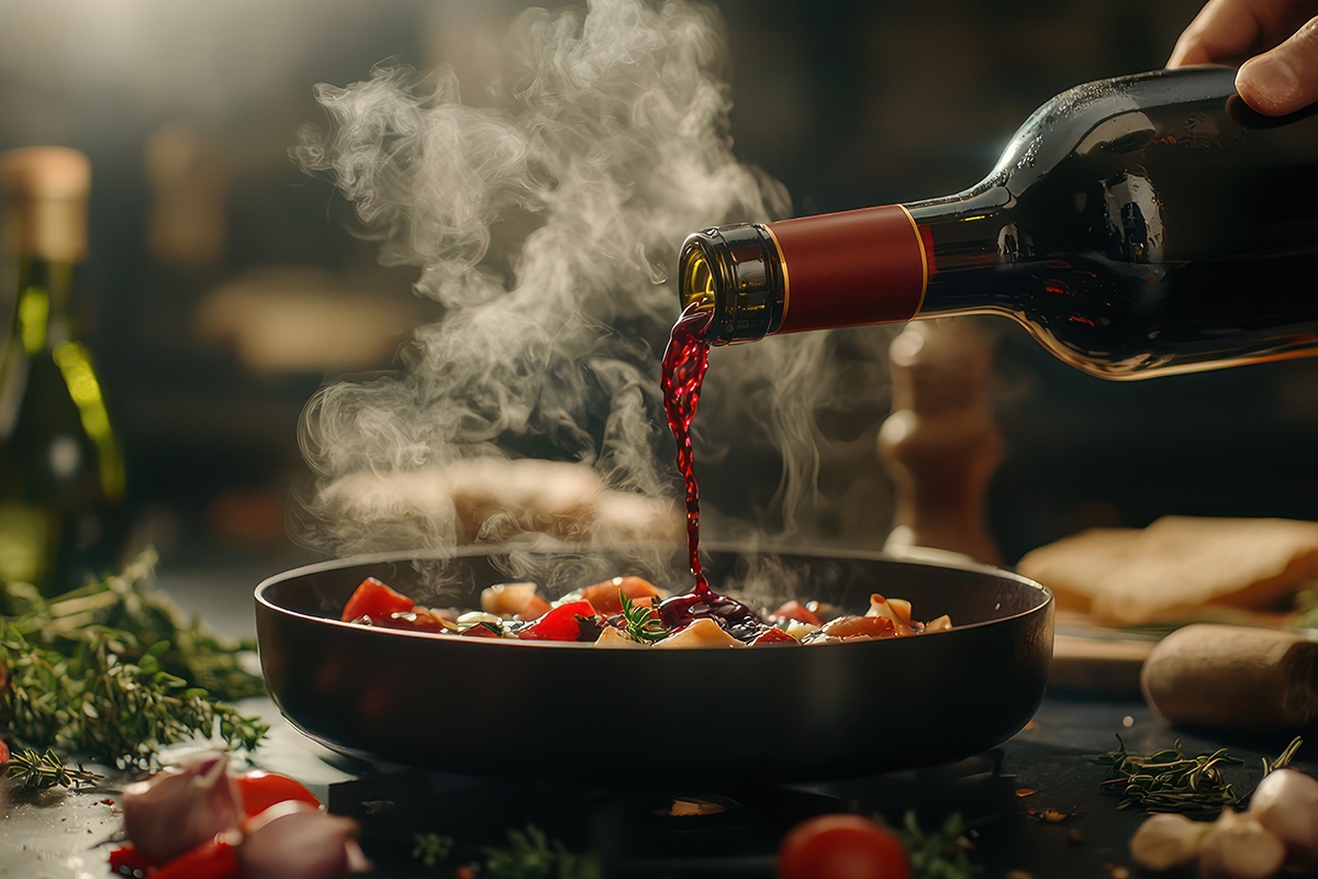 Mit einer Flasche Merlot wird ein Pfannengericht abgelöscht.