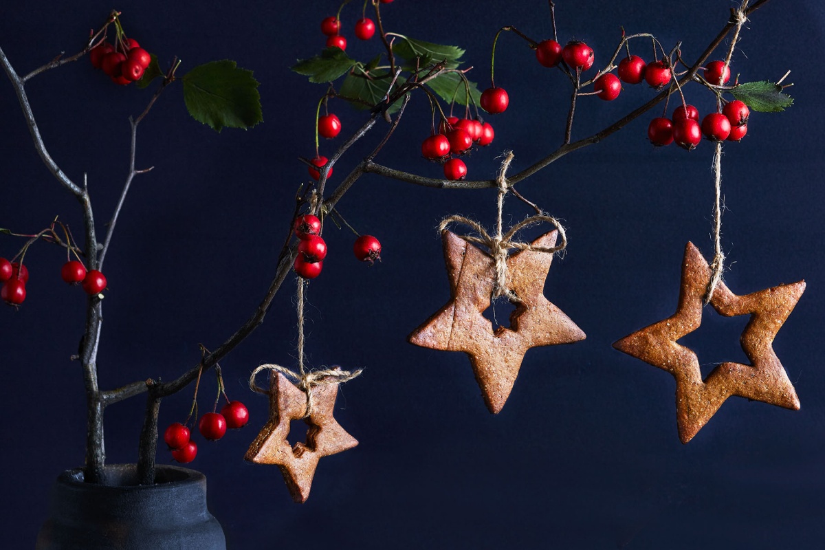 Ast mit roten Beeren, dekoriert mit sternförmigen Lebkuchenanhängern an Naturfäden.