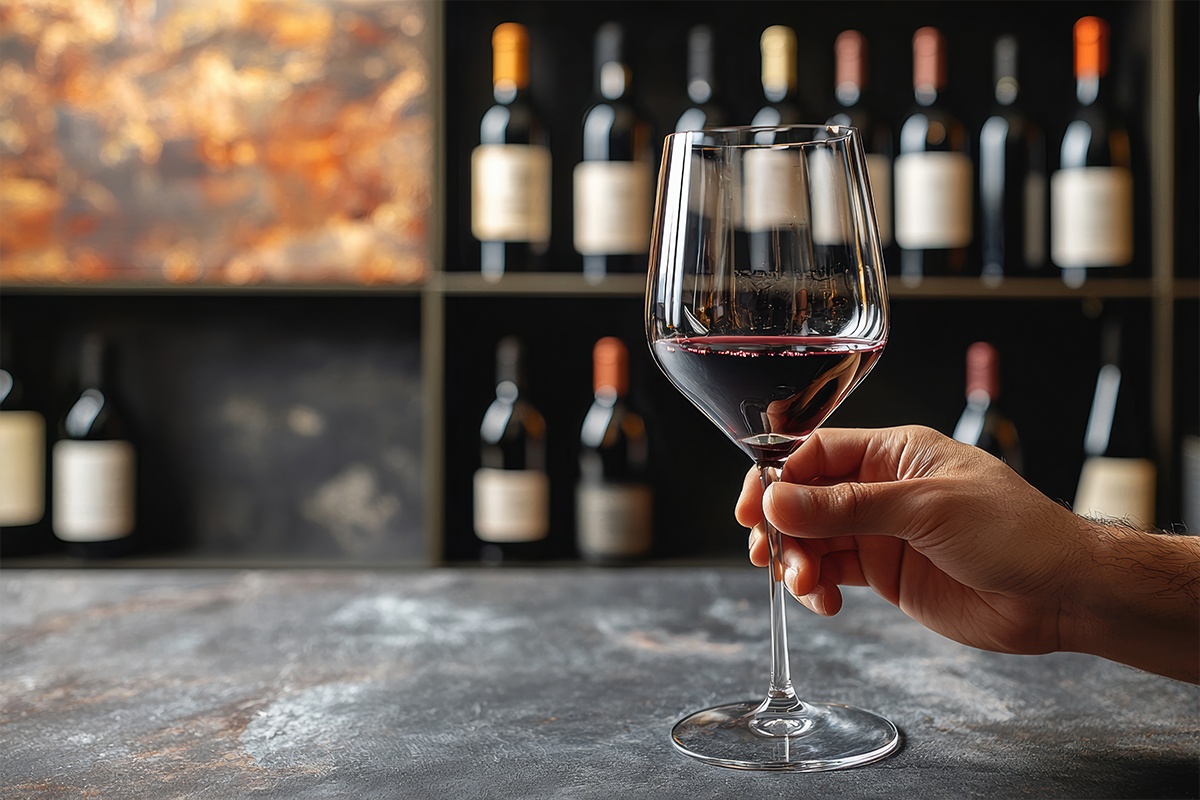 Rotweinglas wird in der Hand geschwenkt