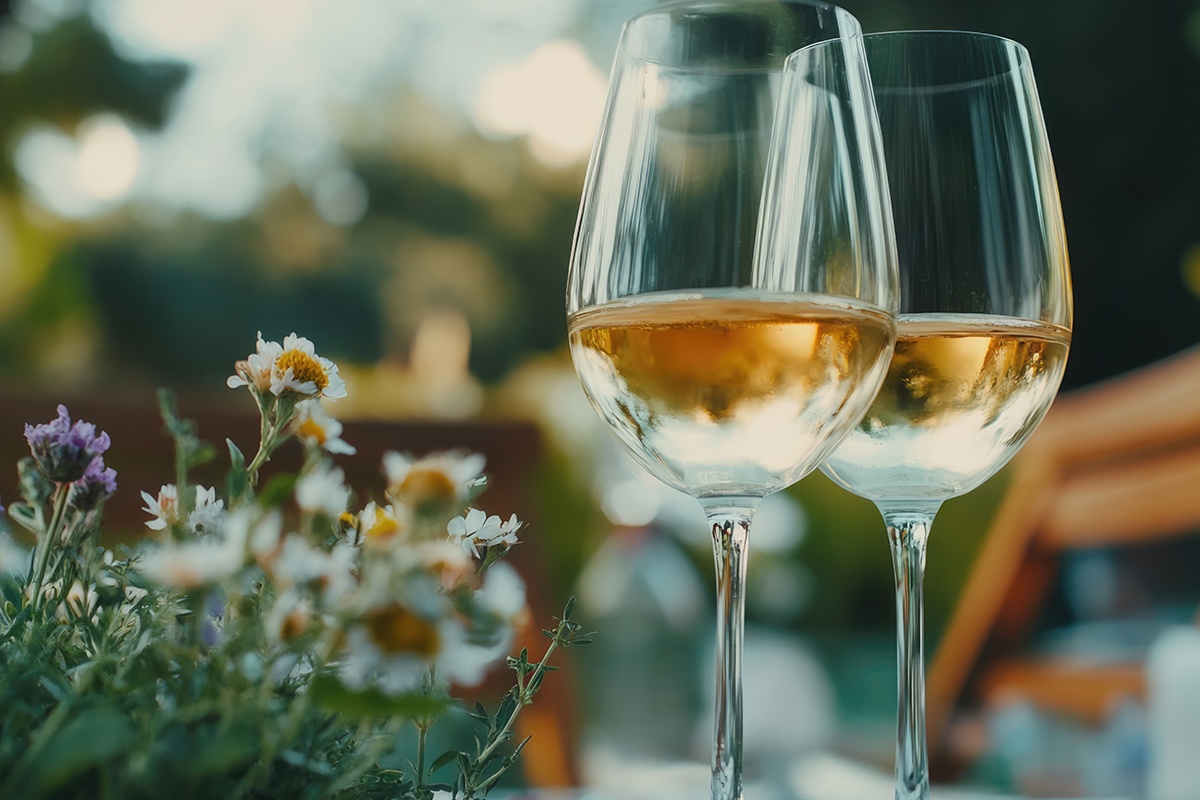 Gals Weißwein neben Blumen