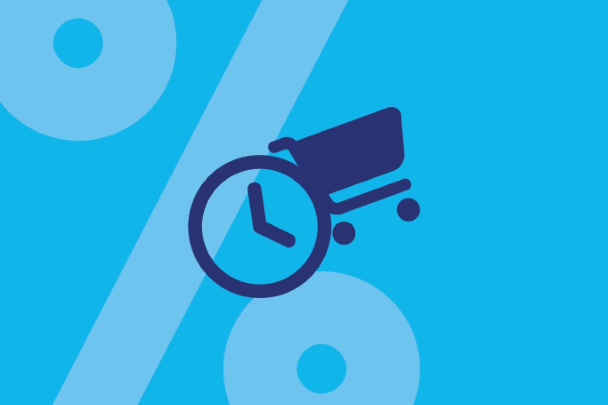 Icon eines Einkaufswagens mit Uhrsymbol auf blauem Hintergrund.