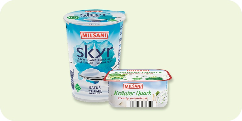 Produktbild von Milsani Skyr und Kreuter Quark.