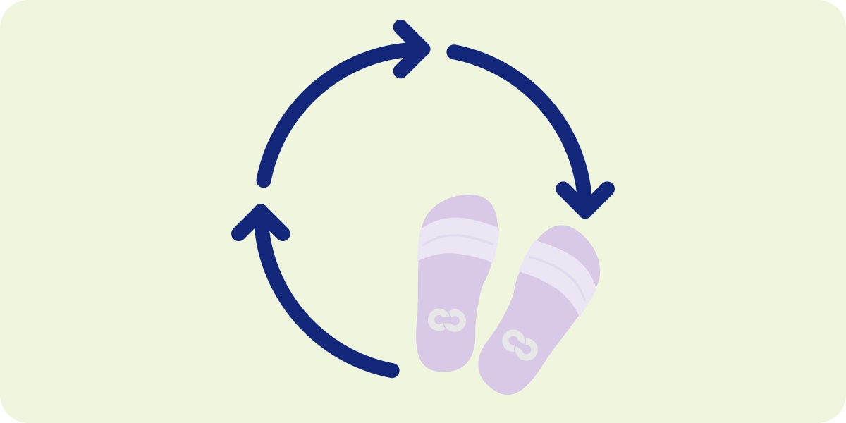 Zwei lila Pantoletten in einem blauen Recycling-Pfeilkreis auf hellgrünem Hintergrund.